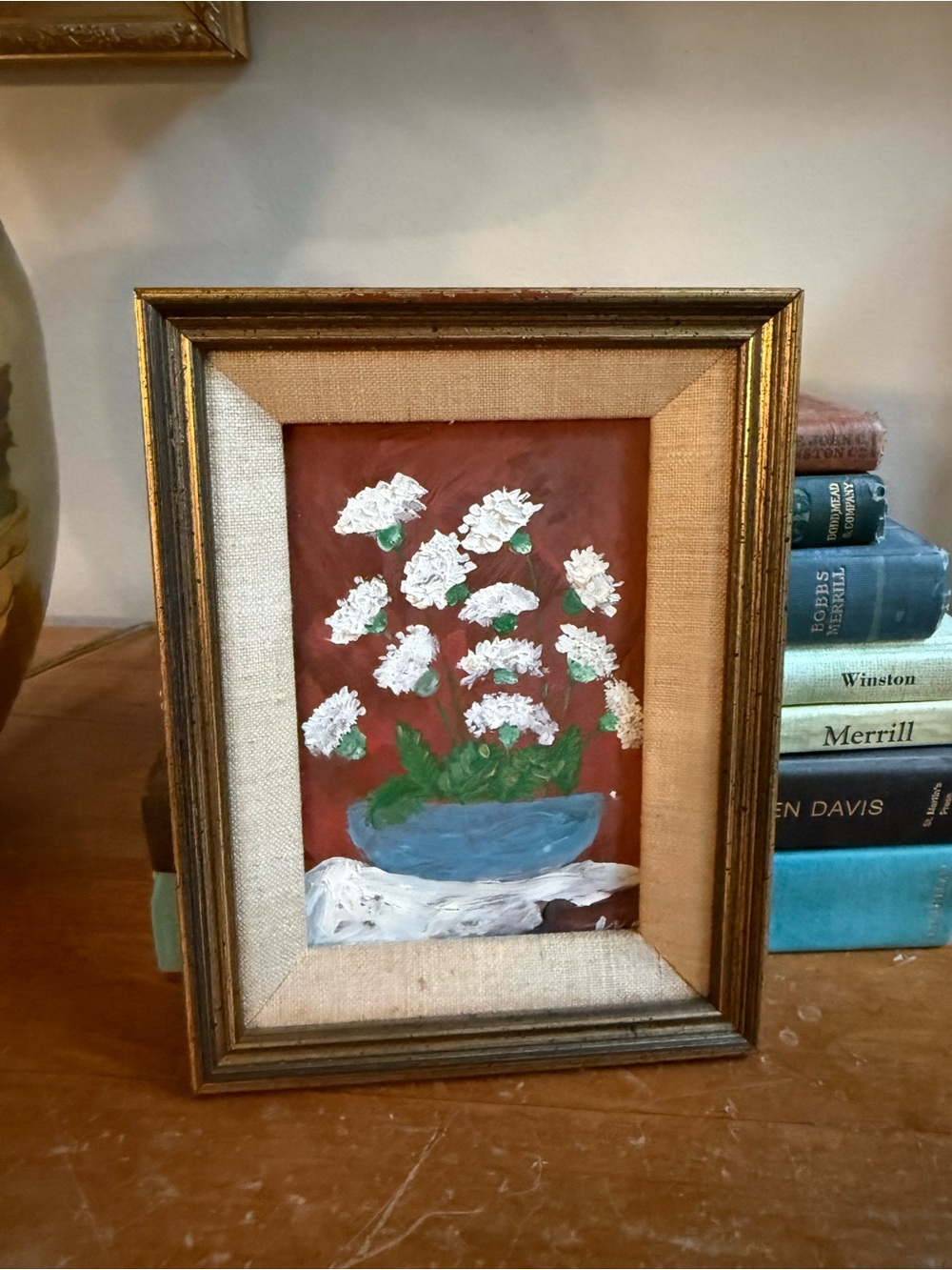 Framed Floral Oil Painting with White Blooms and Blue Planter